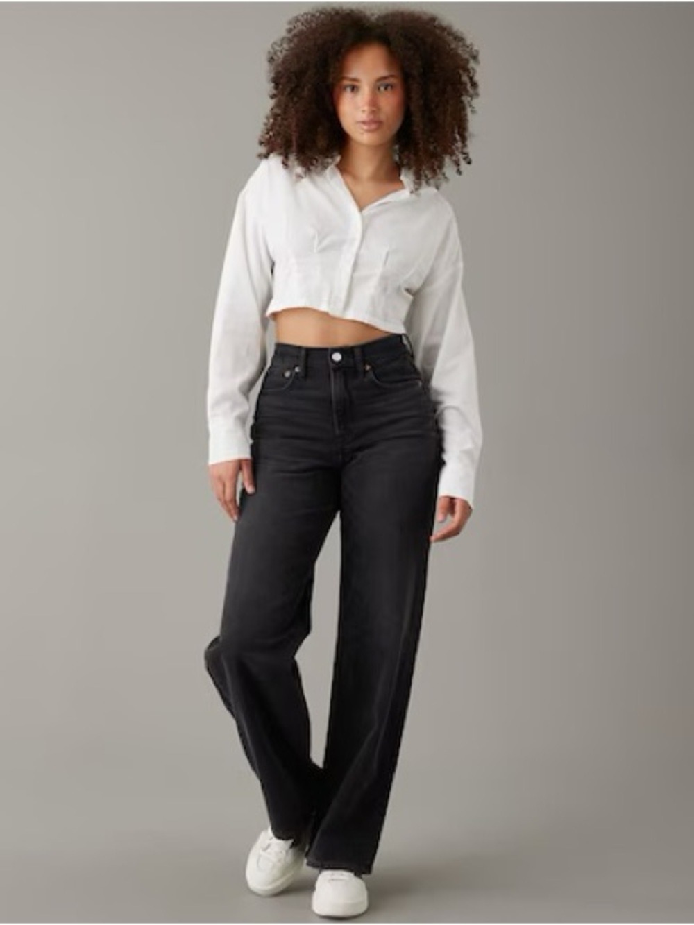 American Eagle Strigid Curvy Super High Waisted Baggy Straight Jean Washed Black